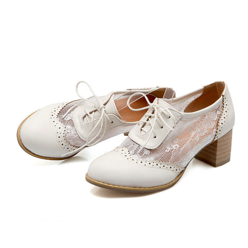 Lace-up Chunky Heel Elegant Vintage Lace Splicing Heels Wedding Shoes