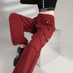 Cotton Drawstring Waist Wide Leg Cargo Pants