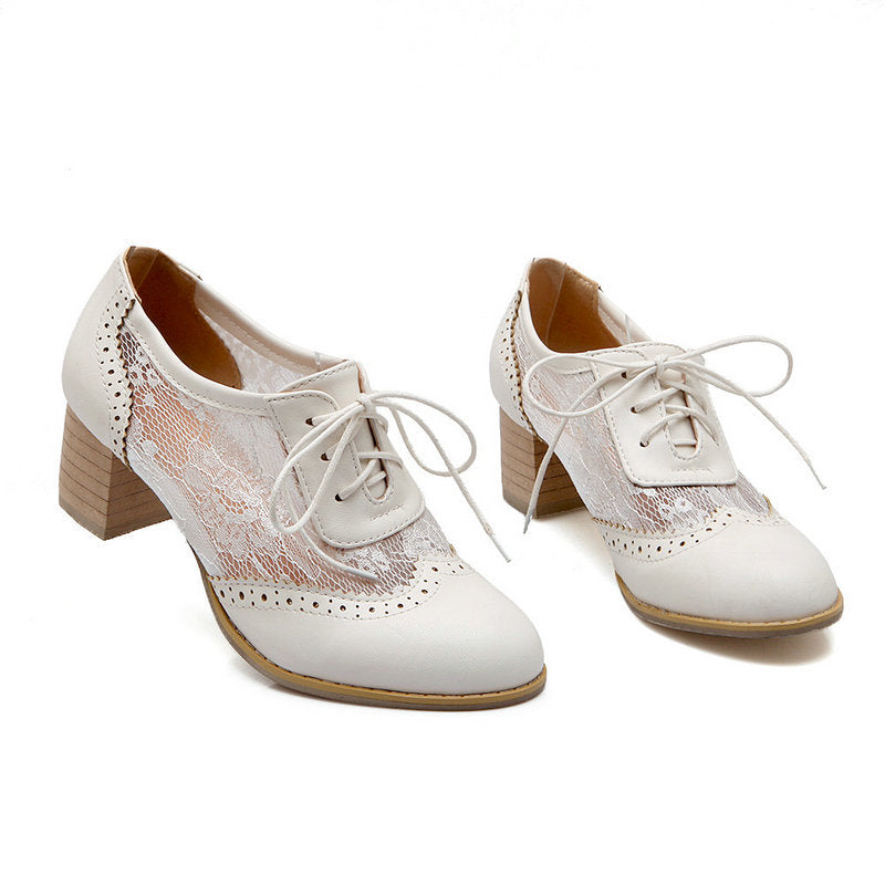 Lace-up Chunky Heel Elegant Vintage Lace Splicing Heels Wedding Shoes