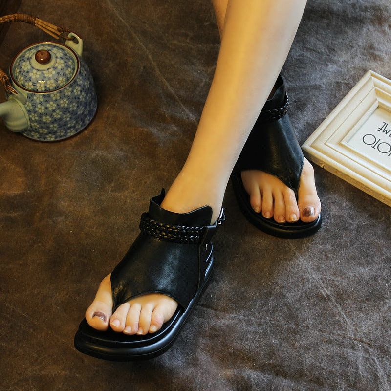 Sandalias casuales planas de cuero para mujer