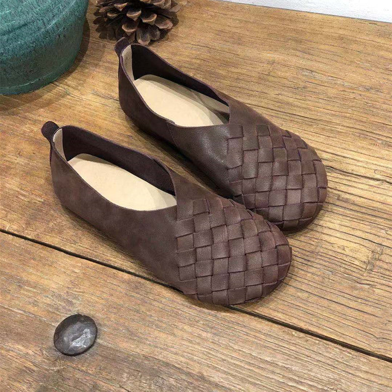 Genuine Leather Retro Round Toe Flat Soft Cowhide Woven Women's Shoes