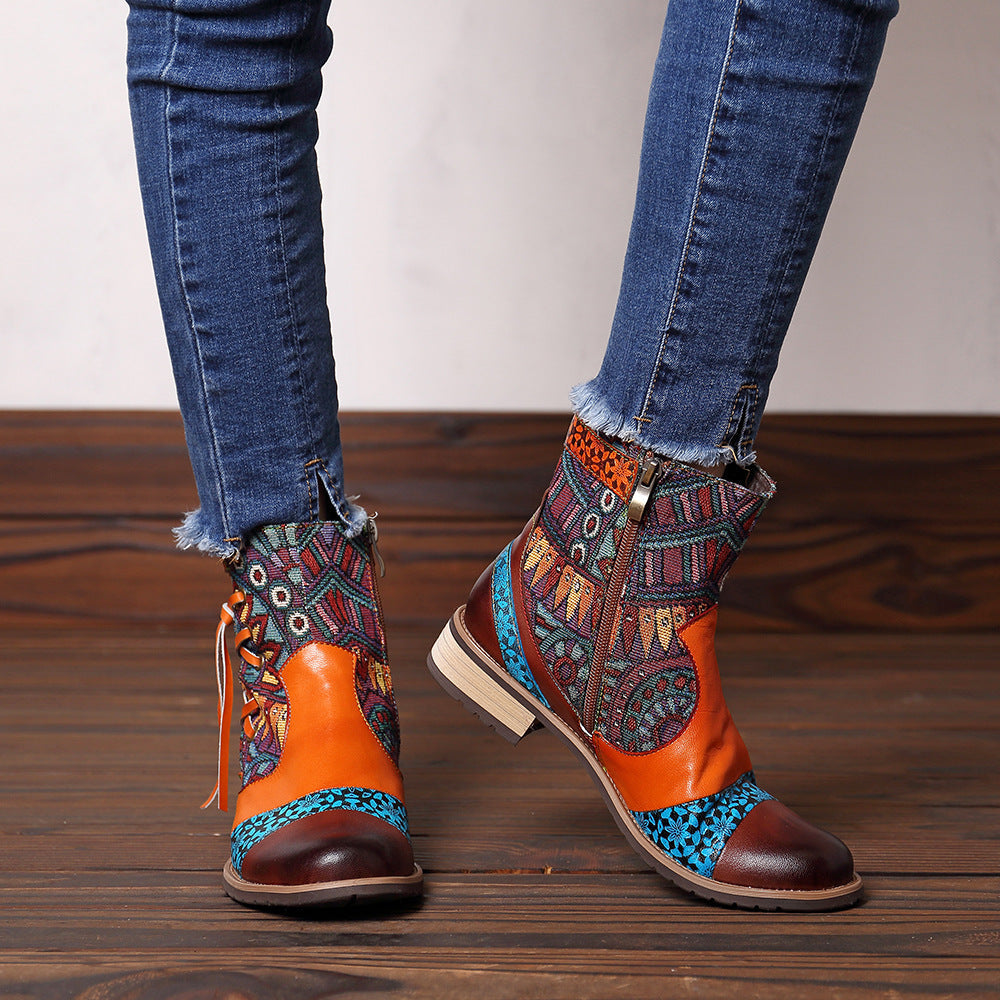 Women's Printed Leather Jacquard Ankle Boots Zipper Non-slip Low Boots