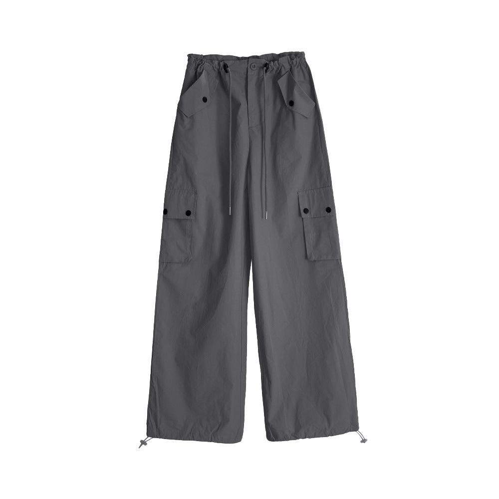 Spring Summer Drawstring High Waist Wide Leg Loose Multi-pockets Pant
