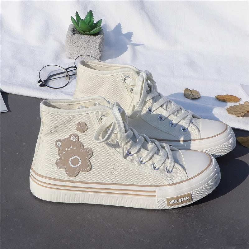 Women's Cute Bear Canvas High top Sneakers Lace up Tennis Shoes