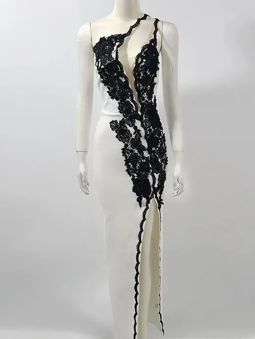 Black lace long leg revealing dress sexy party dress