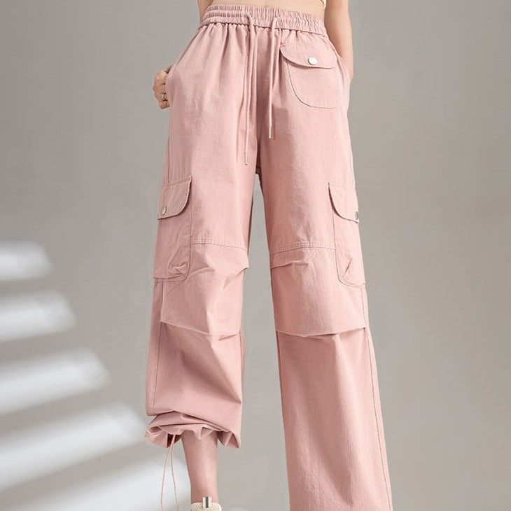 Cotton Drawstring Waist Wide Leg Cargo Pants