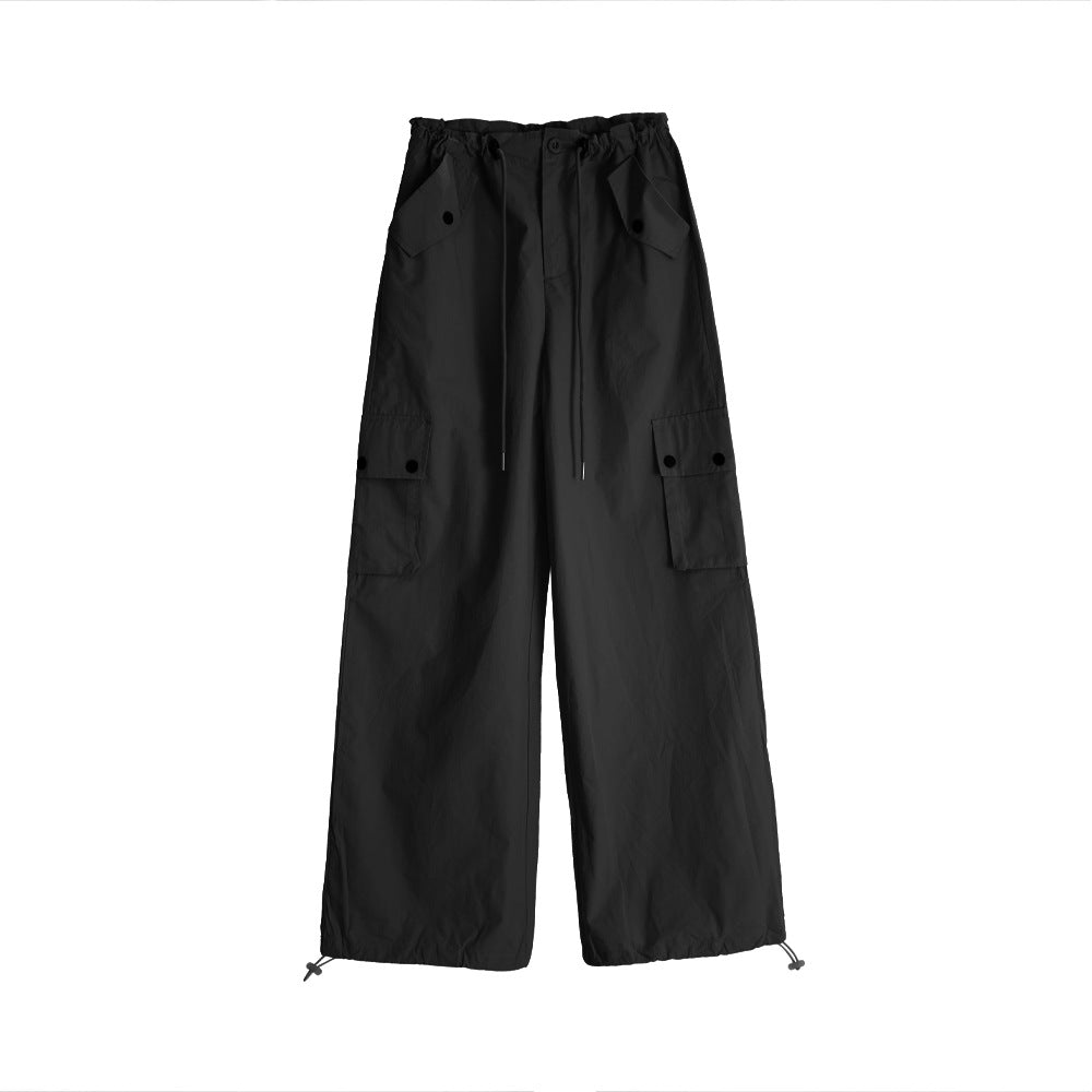 Spring Summer Drawstring High Waist Wide Leg Loose Multi-pockets Pant