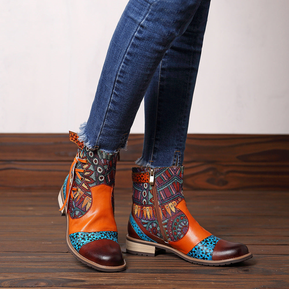 Women's Printed Leather Jacquard Ankle Boots Zipper Non-slip Low Boots