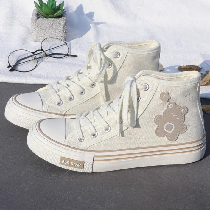 Women's Cute Bear Canvas High top Sneakers Lace up Tennis Shoes