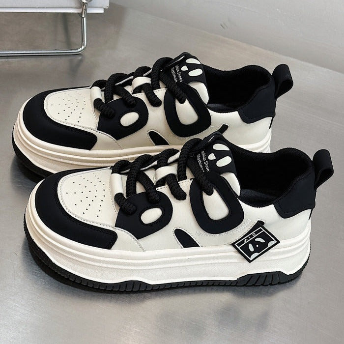 Leather Cute Platform Panda Lace Up Sneakers