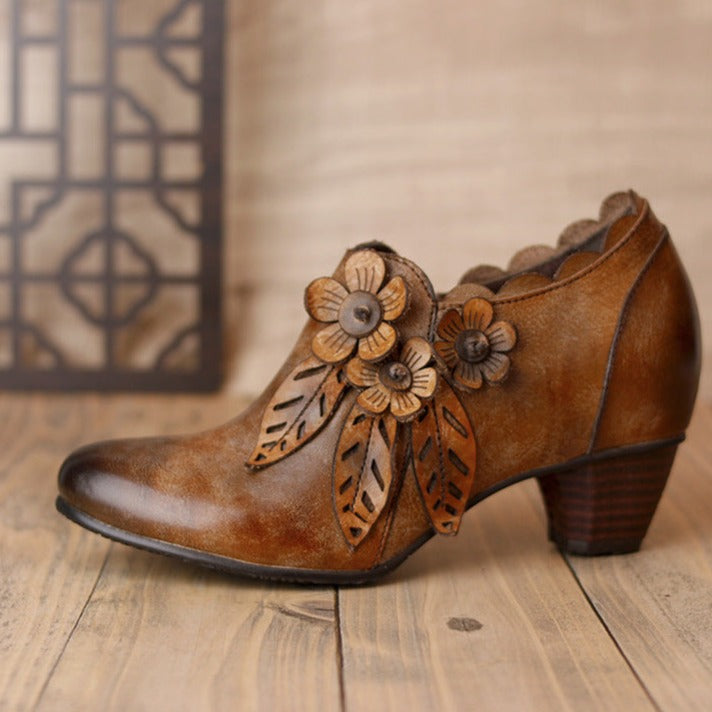 Genuine Leather Heeled Boots Boho Vintage Shoes