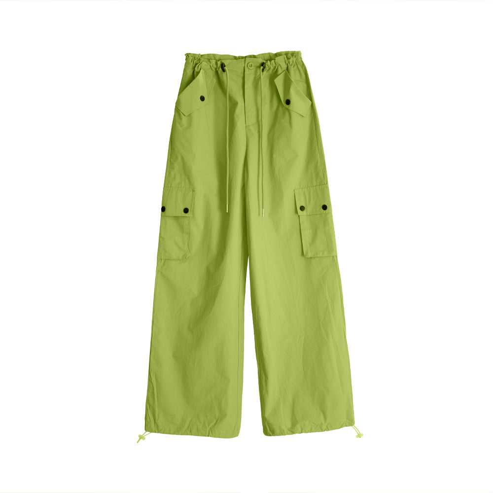 Spring Summer Drawstring High Waist Wide Leg Loose Multi-pockets Pant