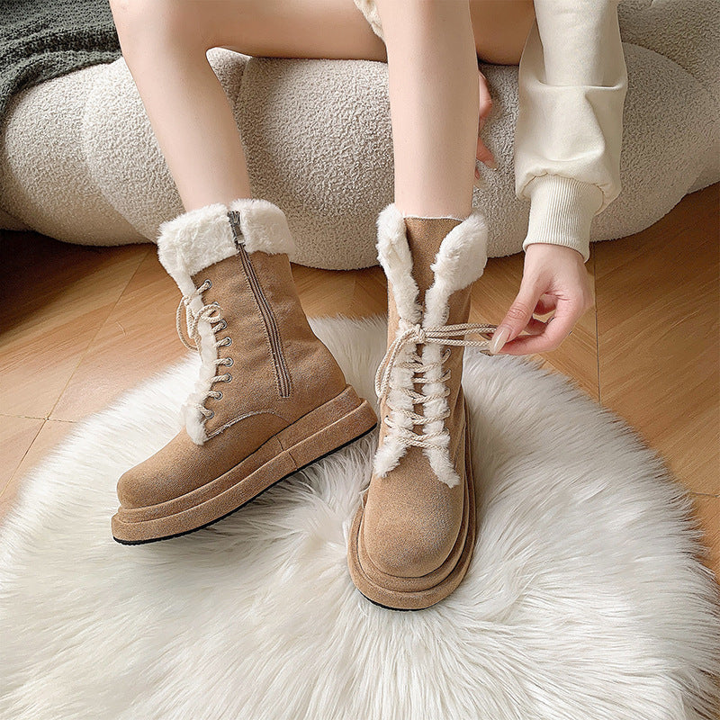 Warm Winter Mid Calf Boots Plush Platform Lace Up Zip Snow Boots