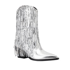 Metallic Sequin Fringed Zipper Pointy Chunky Heeled Western Cowgirl Ankle Boots