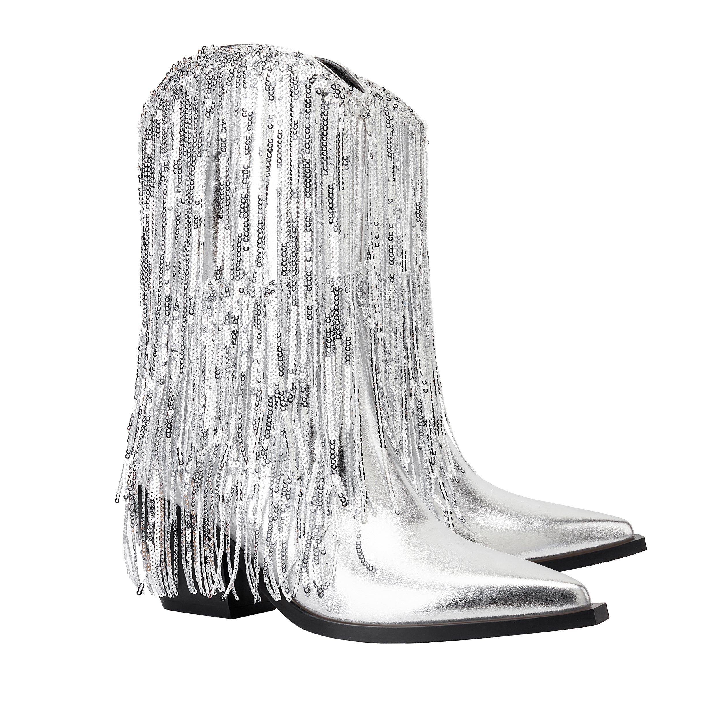 Metallic Sequin Fringed Zipper Pointy Chunky Heeled Western Cowgirl Ankle Boots