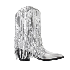 Metallic Sequin Fringed Zipper Pointy Chunky Heeled Western Cowgirl Ankle Boots