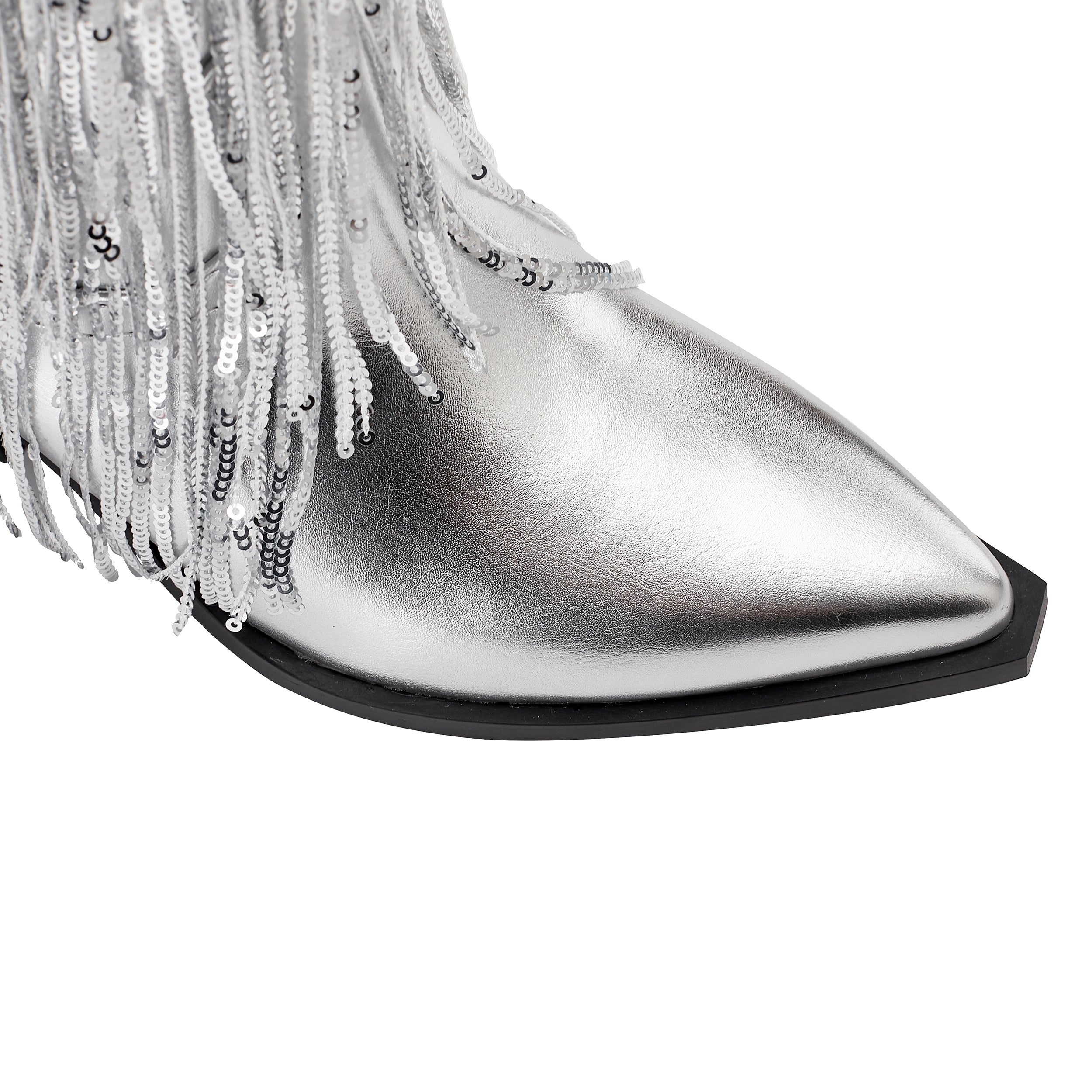 Metallic Sequin Fringed Zipper Pointy Chunky Heeled Western Cowgirl Ankle Boots