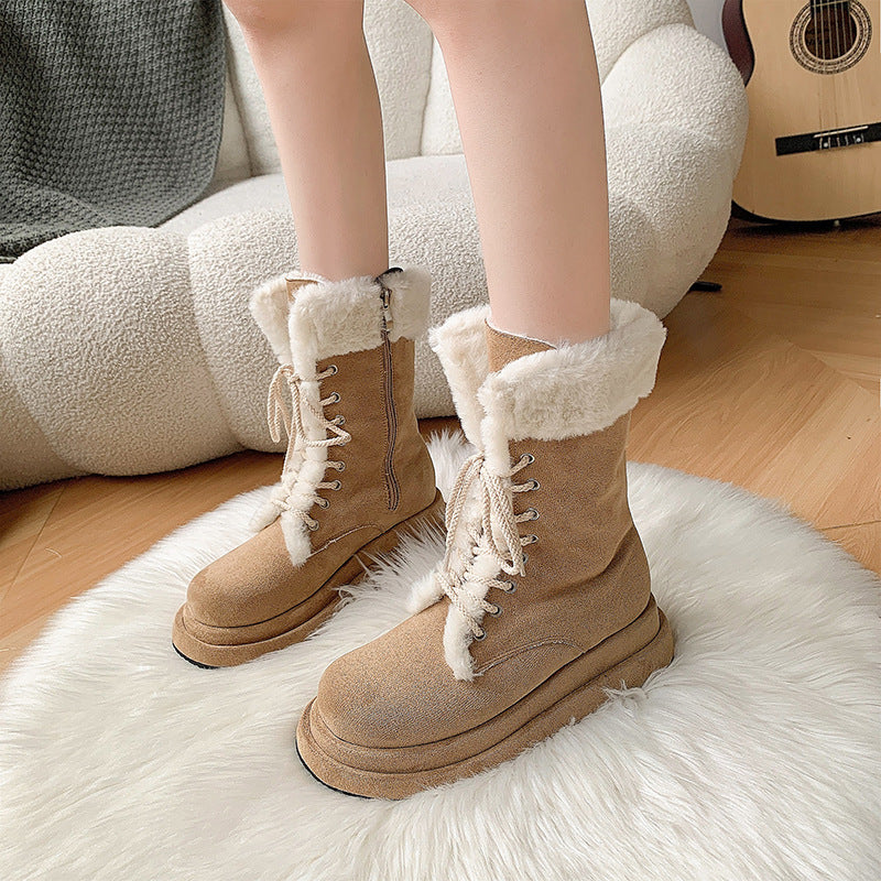 Warm Winter Mid Calf Boots Plush Platform Lace Up Zip Snow Boots