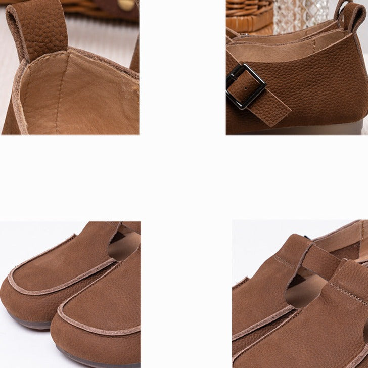 Handmade Soft Leather Mary Jane Shoes Buckle Decor Flat Loafers