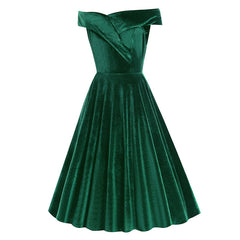 Christmas Green Off Shoulder Velvet Vintage Prom Dress