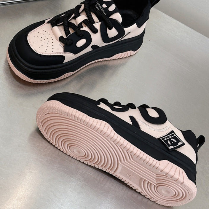 Leather Cute Platform Panda Lace Up Sneakers