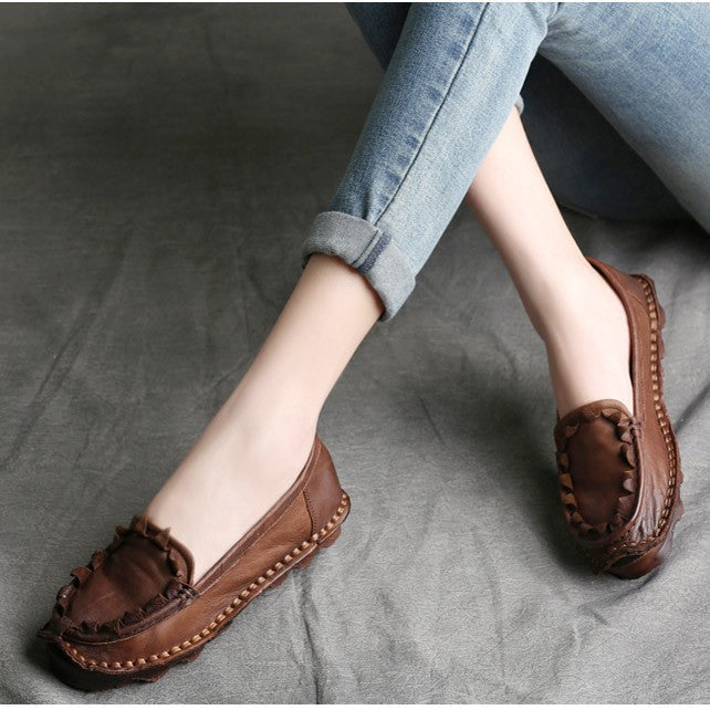Handmade Retro Leather Loafers Flat Shoes