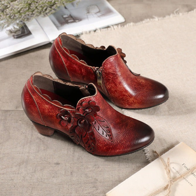 Genuine Leather Heeled Boots Boho Vintage Shoes