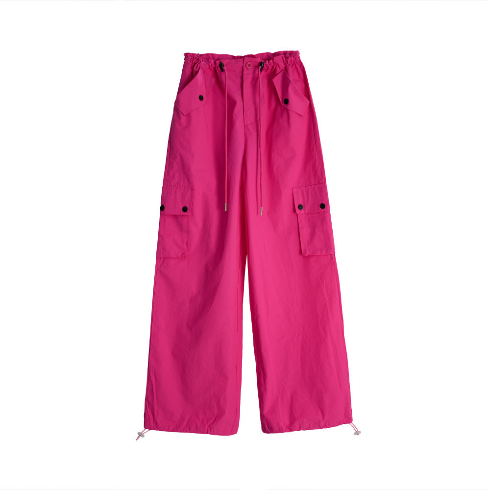 Spring Summer Drawstring High Waist Wide Leg Loose Multi-pockets Pant