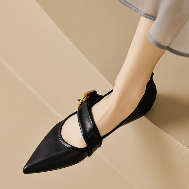 Flat Pointed Toe Metal Buckle Mary Jane Shoes