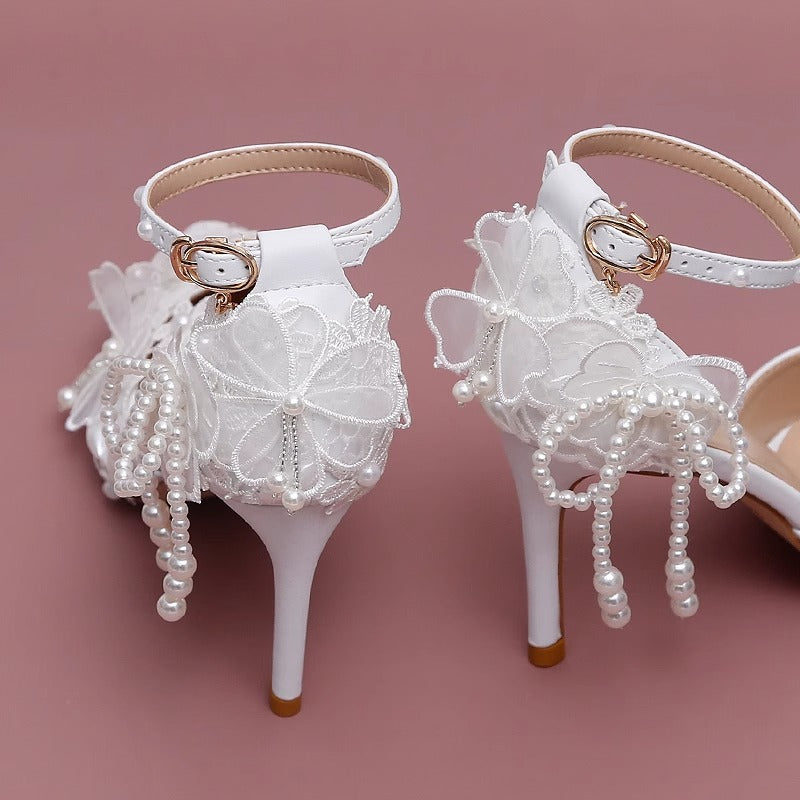 Elegant Pearl Lace Flower Wedding Shoes High Heels