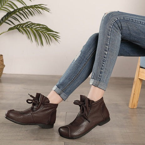 Women's Vintage Ankle Boots Round Head Flat Leather Boots