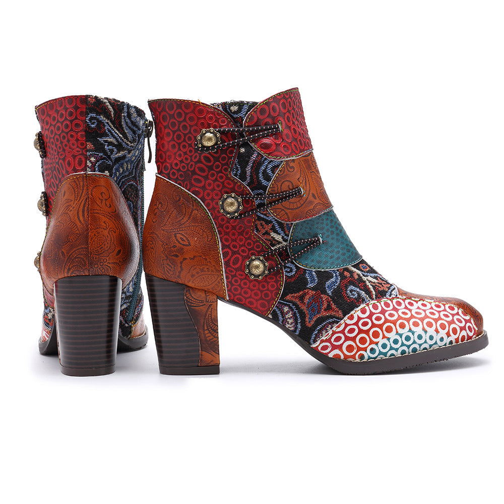 Women's Ankle Booties Genuine Leather Zipper Retro Pattern Boots