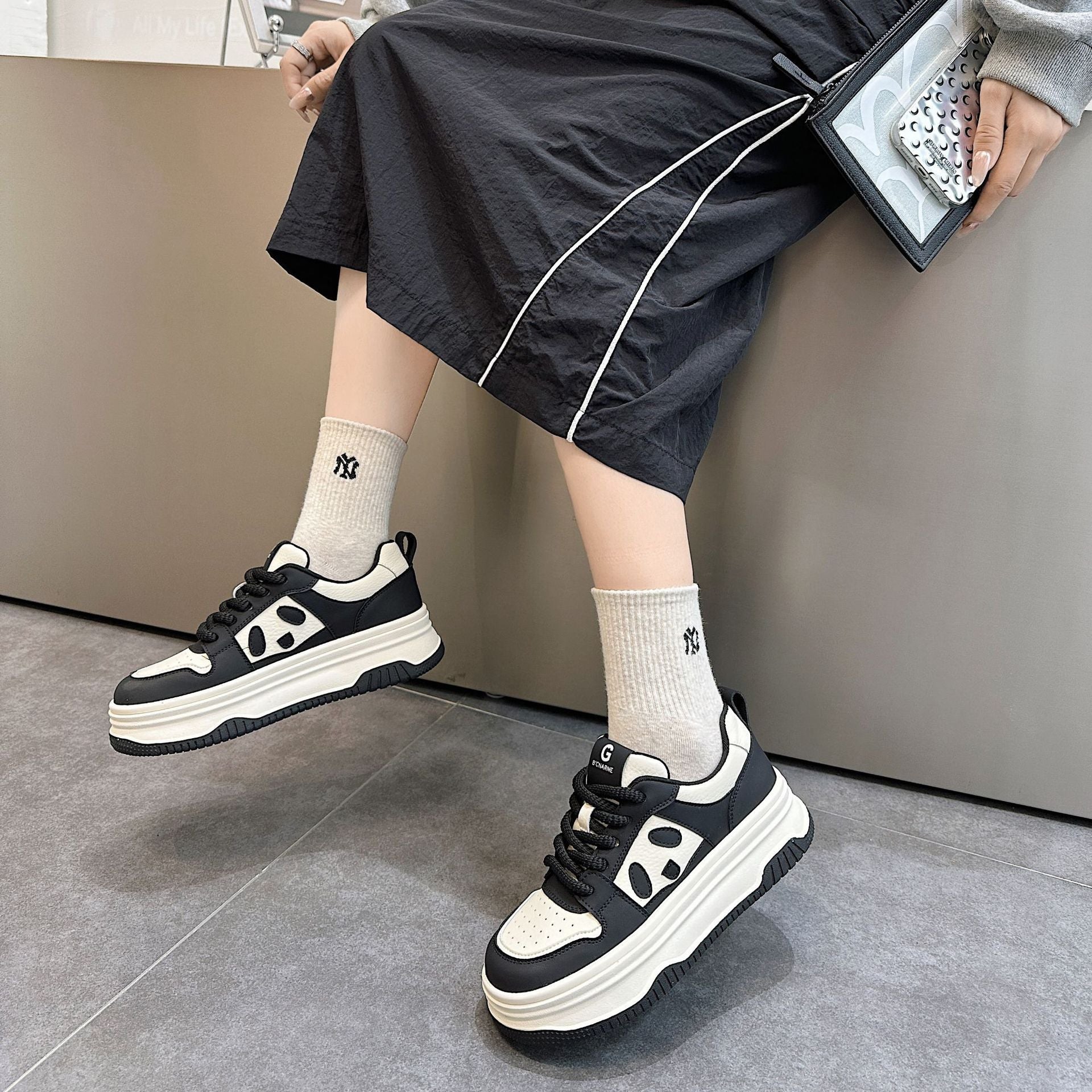 Leather Cute Platform Panda Lace Up Sneakers