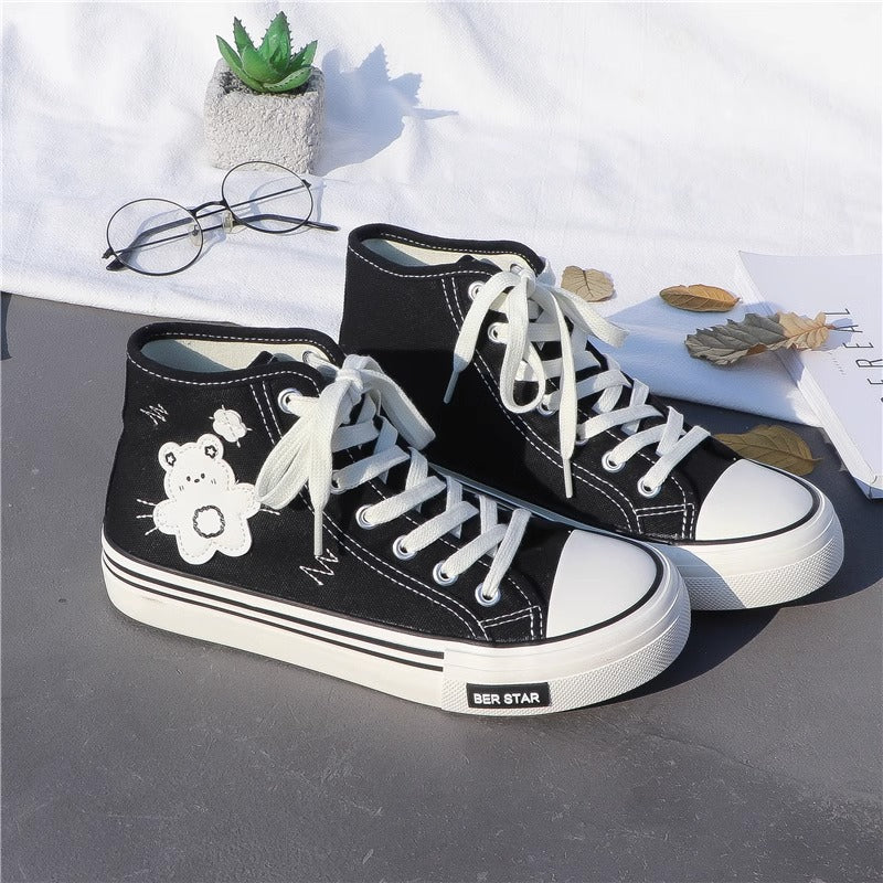 Women's Cute Bear Canvas High top Sneakers Lace up Tennis Shoes