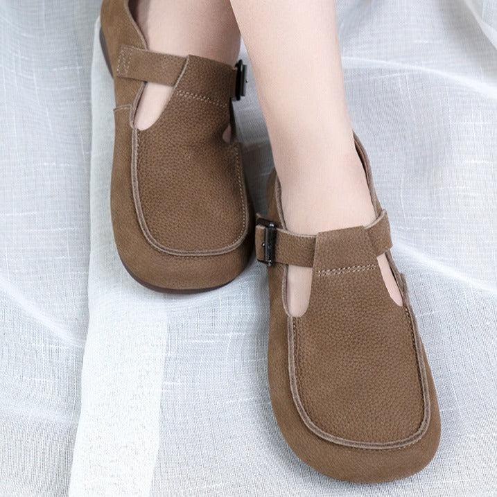 Handmade Soft Leather Mary Jane Shoes Buckle Decor Flat Loafers