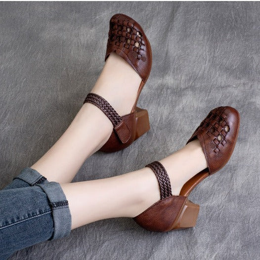 Ethnic style Retro Cowhide Braided Hollow Thick Heel Sandals