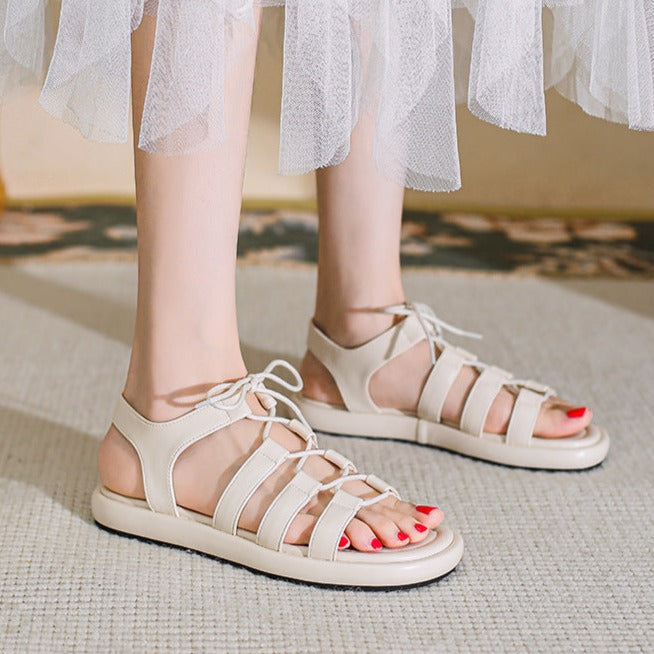 Women's Open Toe Lace Up Flats Sandals Summer Shoes