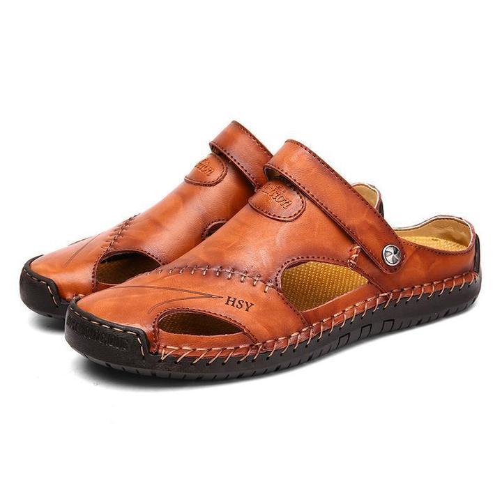 Men Hand Stitching Soft Outdoor Closed Toe Leather Casual Sandals