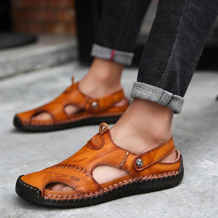 Men Hand Stitching Soft Outdoor Closed Toe Leather Casual Sandals