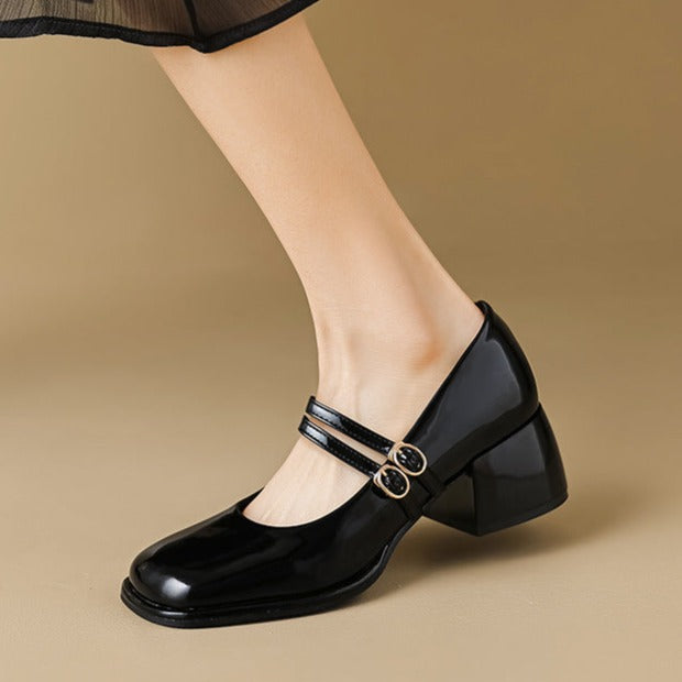 Block Heel Double Buckle Mary Janes Pumps Dress Shoes