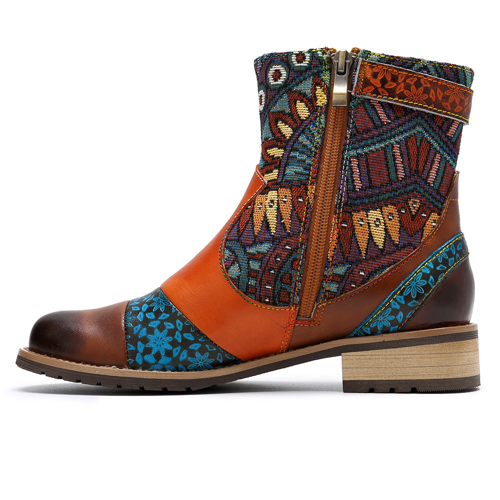 Women's Printed Leather Jacquard Ankle Boots Zipper Non-slip Low Boots