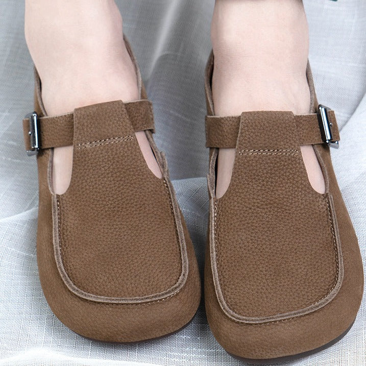 Handmade Soft Leather Mary Jane Shoes Buckle Decor Flat Loafers