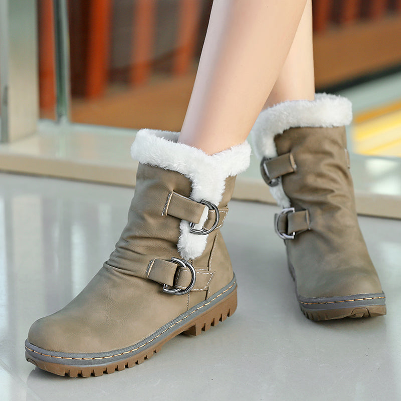 Snow Boots Flats Fur Warm Winter Buckle Slip on Shoes