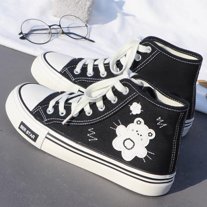 Women's Cute Bear Canvas High top Sneakers Lace up Tennis Shoes