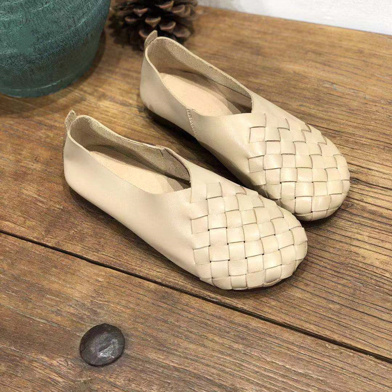 Genuine Leather Retro Round Toe Flat Soft Cowhide Woven Women's Shoes