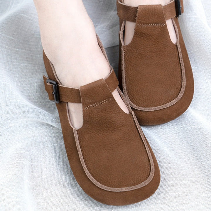Handmade Soft Leather Mary Jane Shoes Buckle Decor Flat Loafers