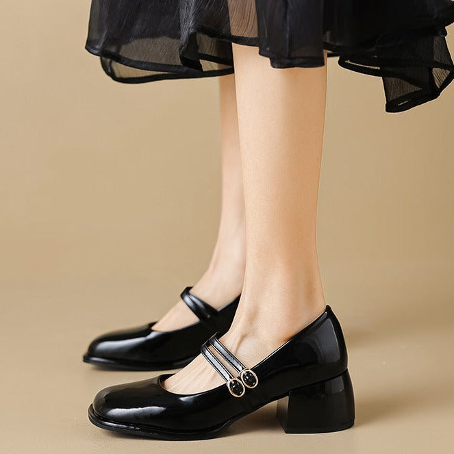 Block Heel Double Buckle Mary Janes Pumps Dress Shoes