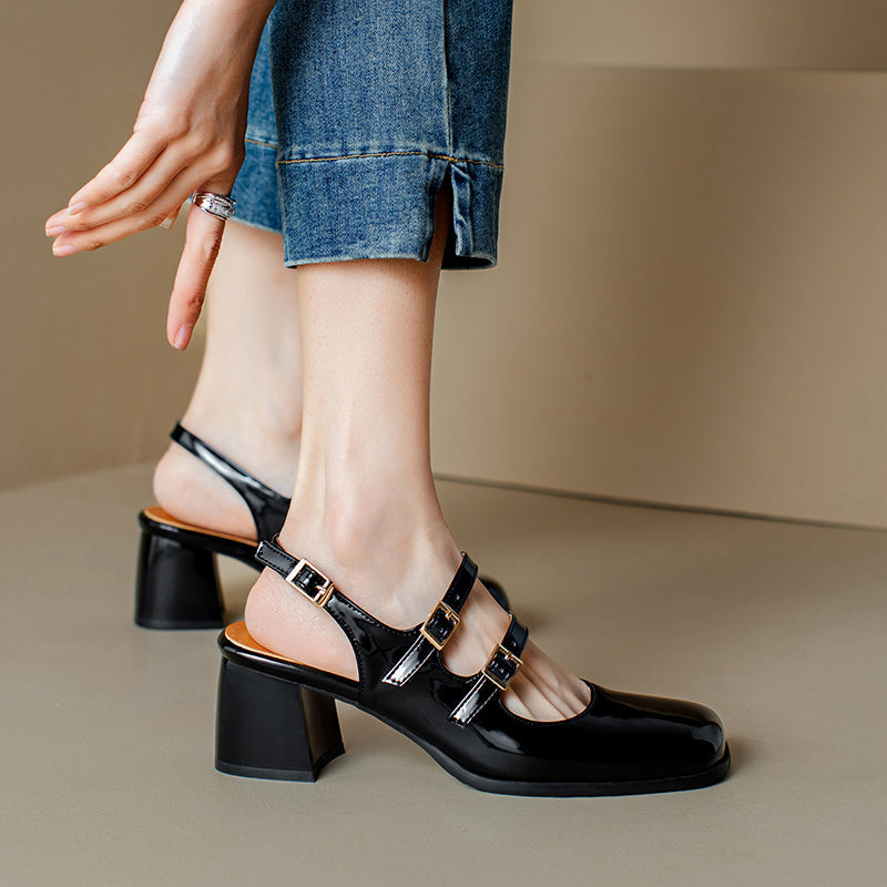 Square Toe Block Heels Slingback Shoes