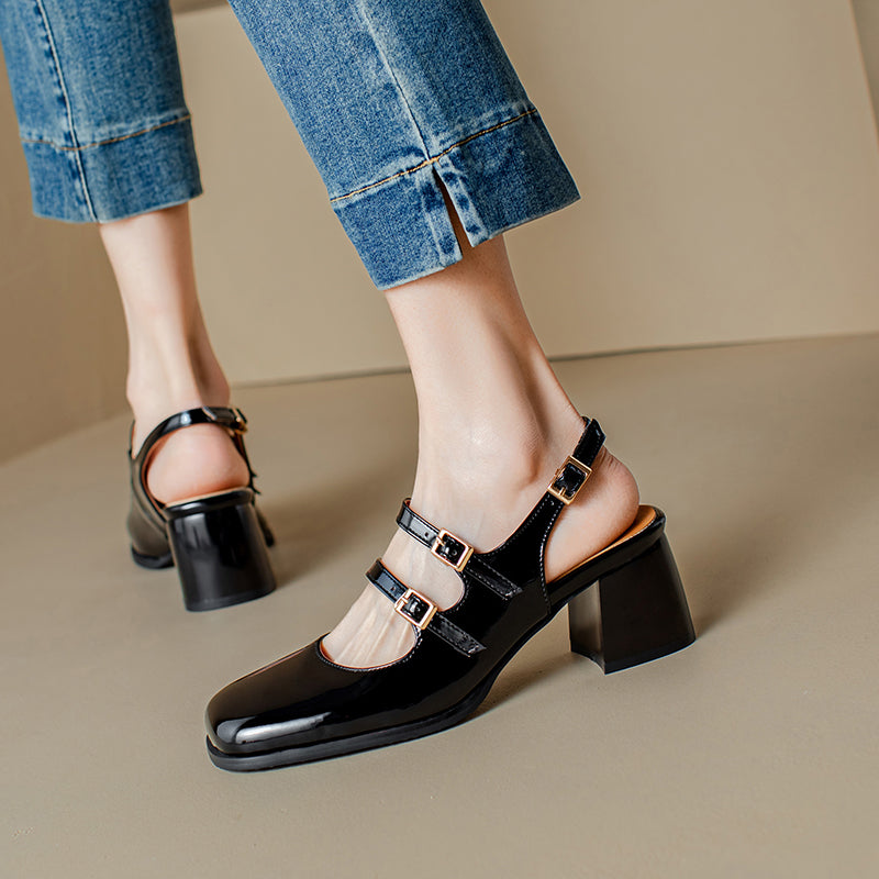 Square Toe Block Heels Slingback Shoes