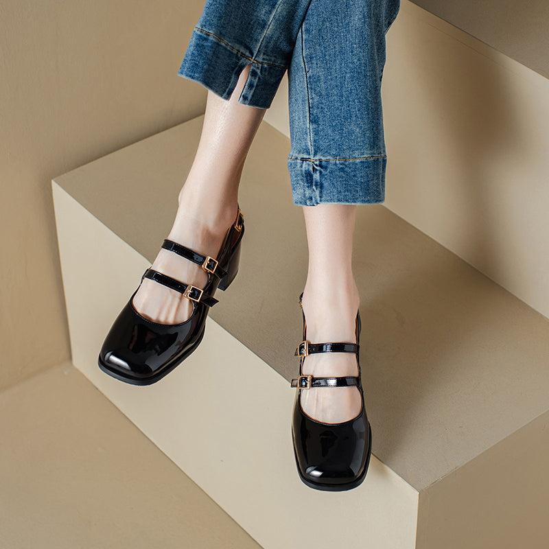 Square Toe Block Heels Slingback Shoes